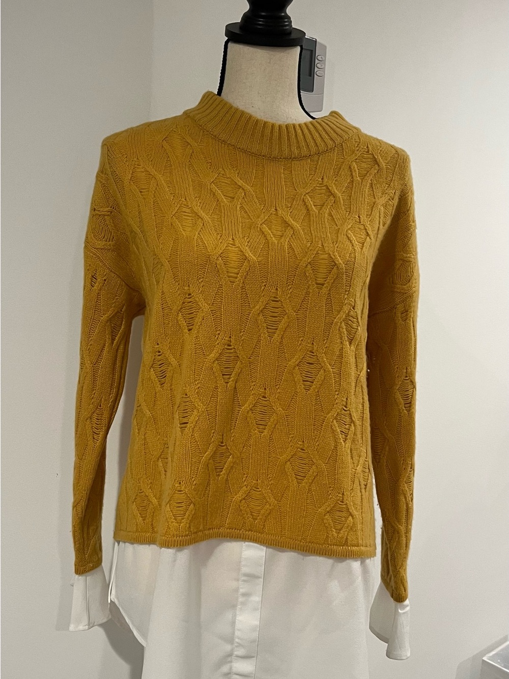 Design History Mustard Cable Knit illusion Cashmere Crew Sweater